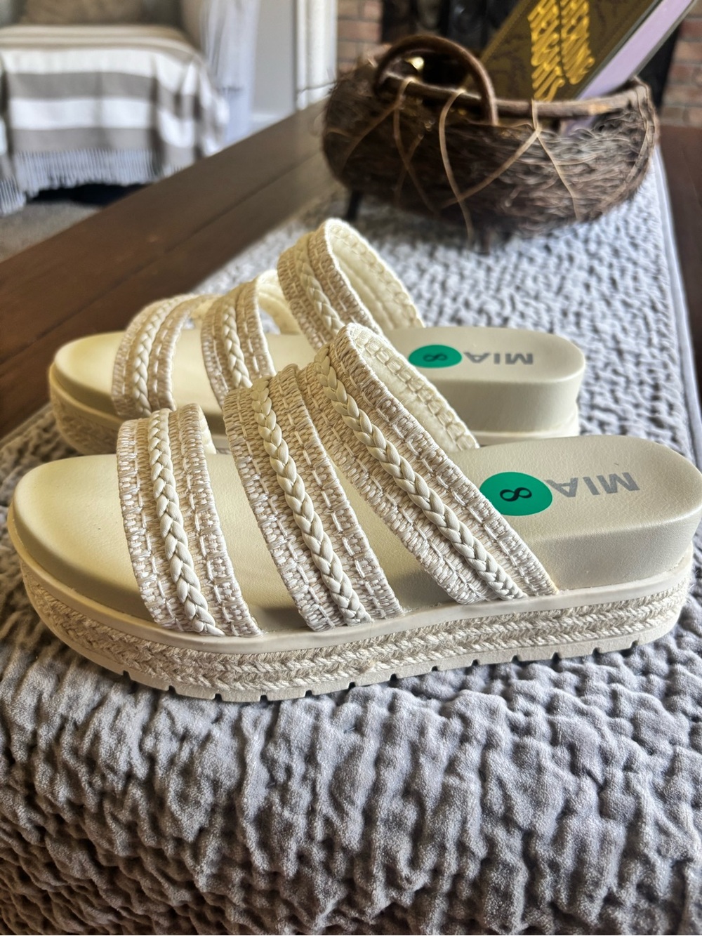MIA Women's Ivory Braided Multi-Strap Slide Sandals